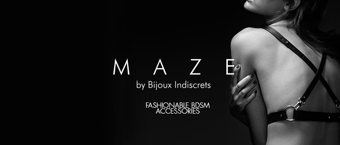 Maze fashionable lingerie and accessories by Bijoux Indiscrets featuring a woman in lingerie.